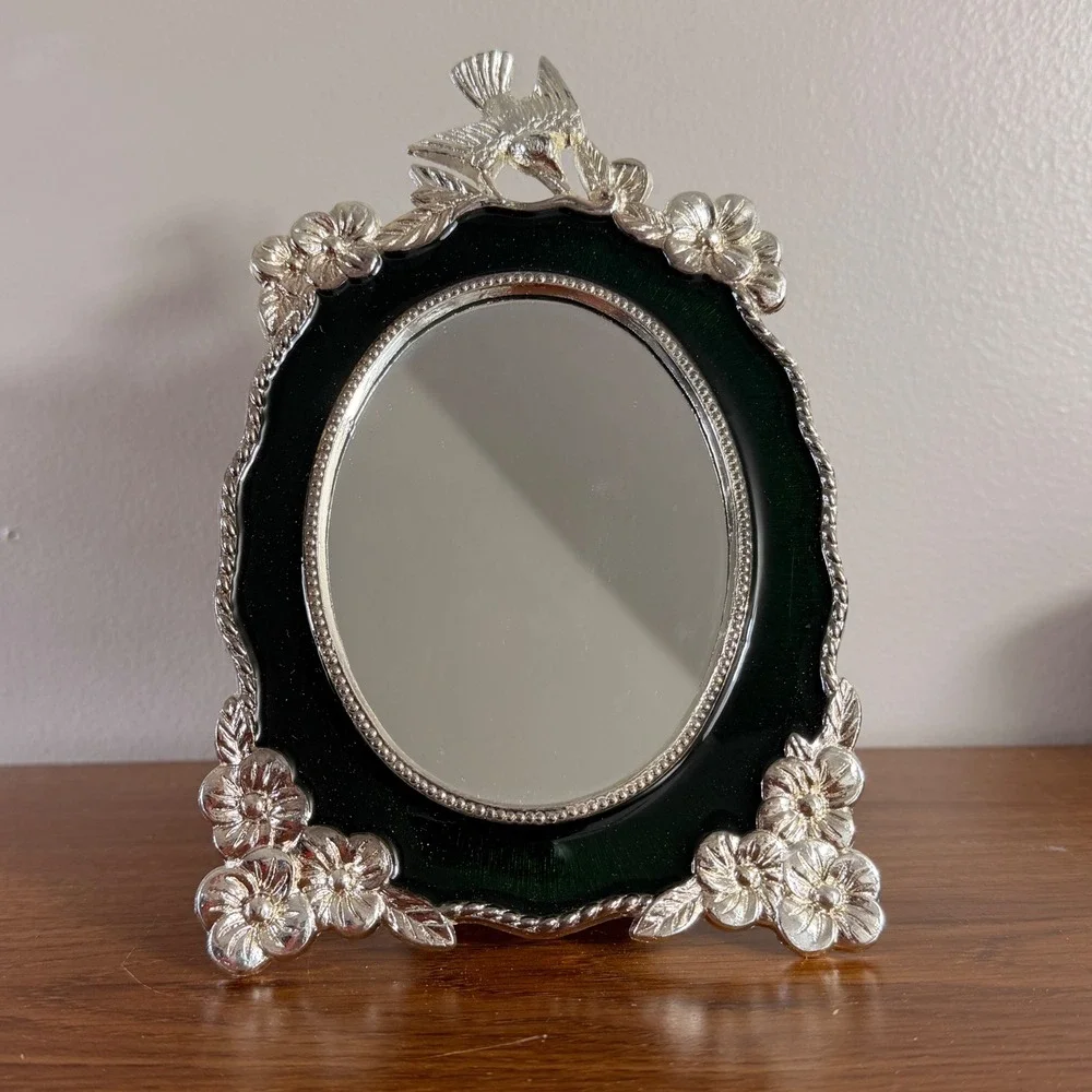 Vintage Emerald Green Silver Bird Picture Frame Made Taiwan R.O.C. Floral Oval
